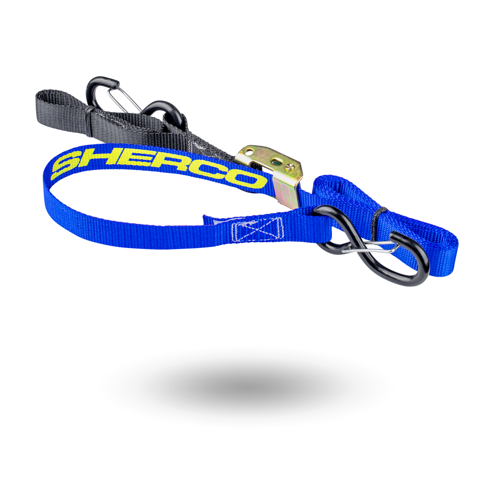 Sangles moto Sherco bleues 25 mm avec crochets – Motos Dario Colmar